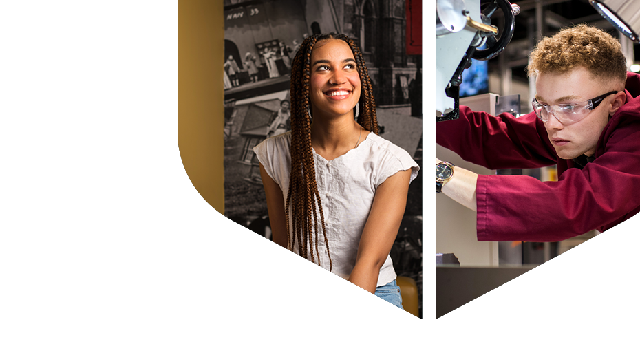 A montage of students inside the shield logo