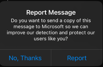 Screenshot showing the third step to report a phishing email on Outlook for iOS