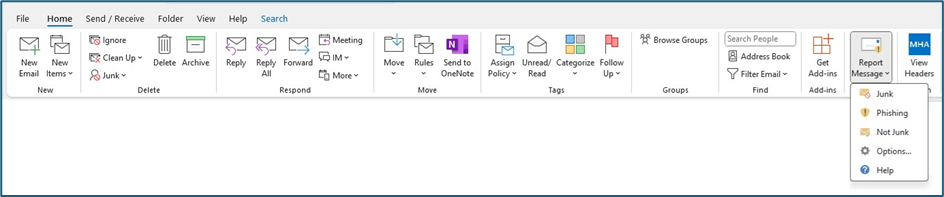 Screenshot showing the Outlook toolbar with the Report Message option clicked