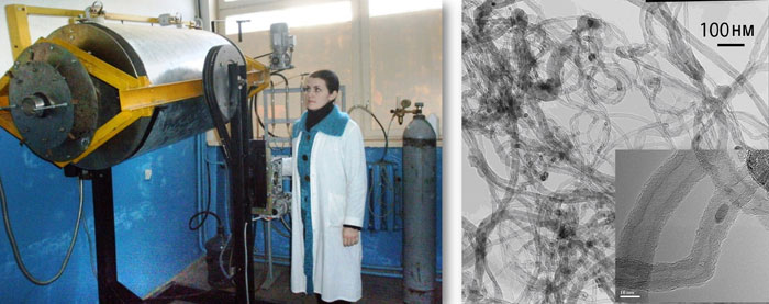 Photograph of myself next to the reactor for large-scale production (left)
of the multiwalled carbon nanotubes (right), which are rolled-up graphene sheets,
synthesised by Chemical Vapour Deposition, a technique that uses gases at extremely high temperatures.
