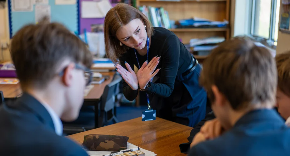 A Secondary PGCE student from the University of Exeter on placement teaching a class.