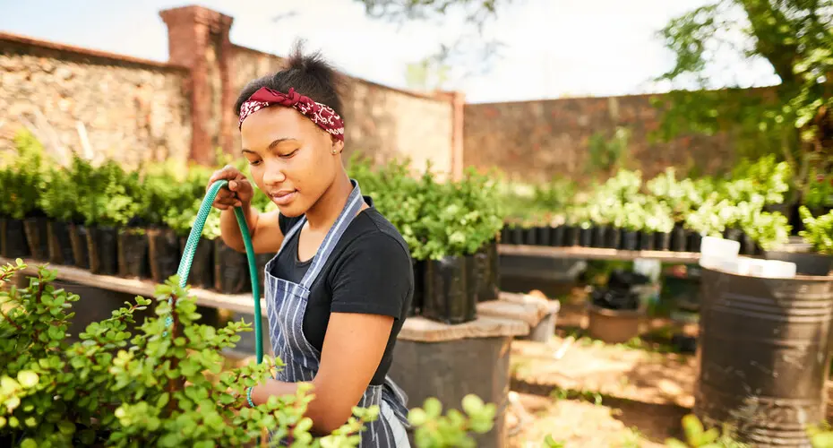 A woman tending to plants in a garden, carefully watering them to ensure their growth and vitality.