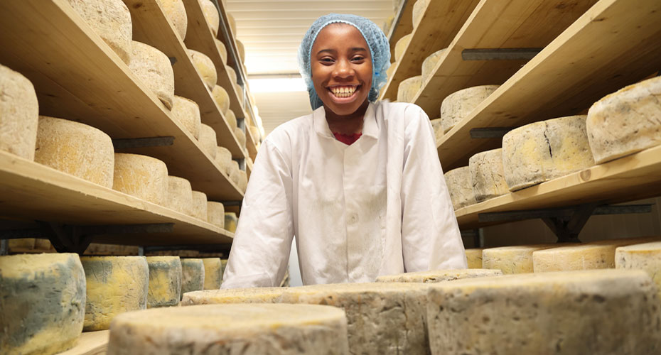 Woman surrounded by cheese in a factory