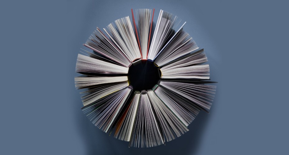 Elevated view of books in a circle