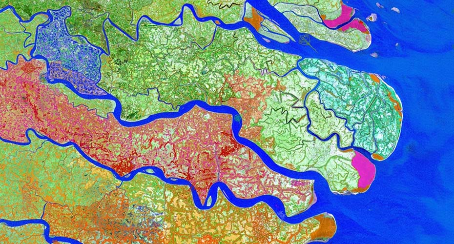 Aerial view map of land and sea