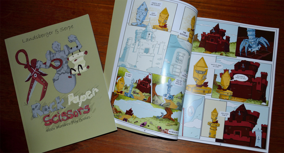 Front of Rock, Paper, Scissors illustrative book and inside pages depicting cartoon strip.