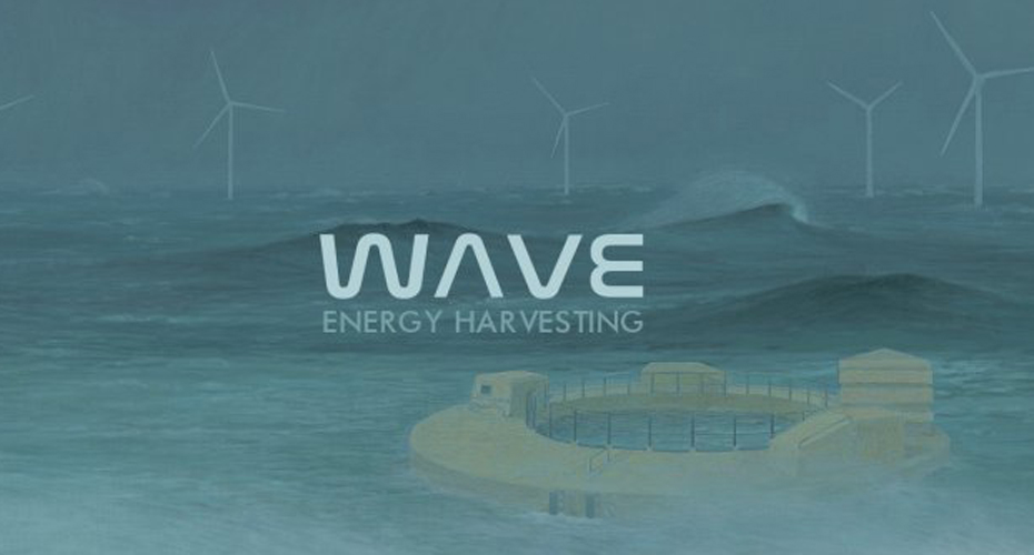 Wind farm at sea with words Wave Energy Havesting over the image