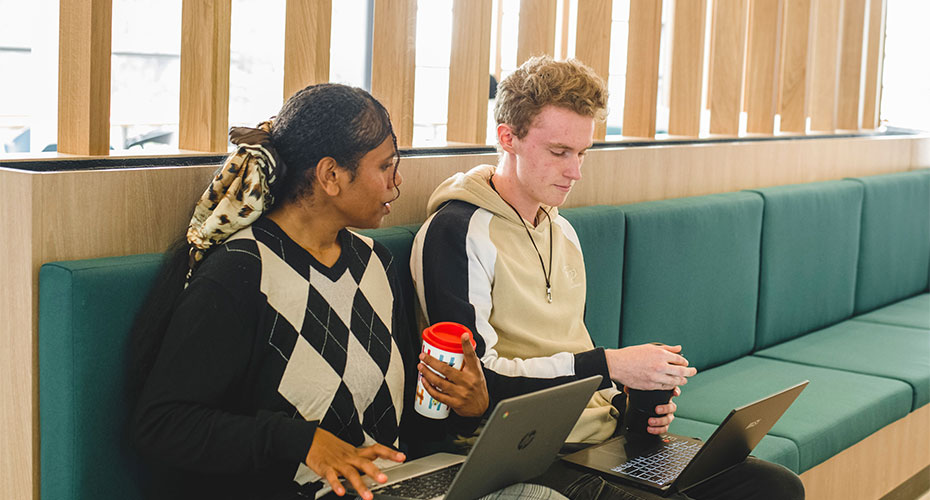 Students in a reception area