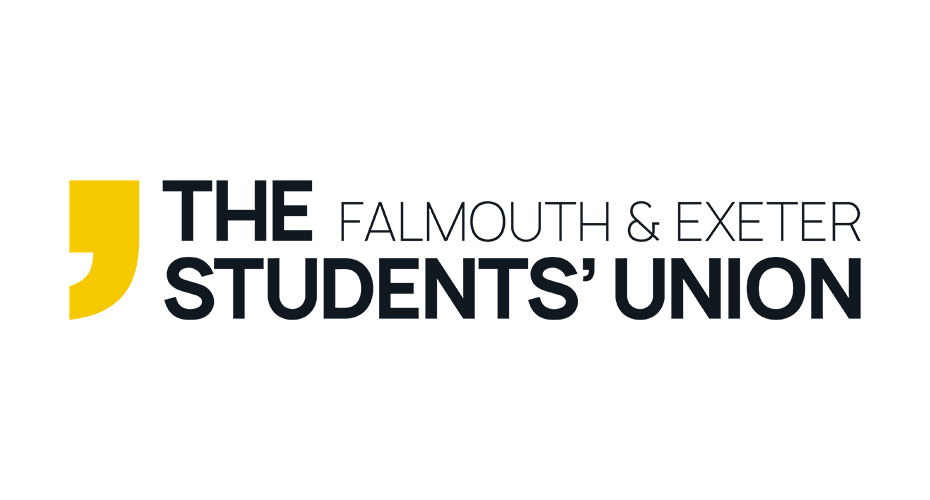 Black font on white background and yellow quote mark, reading The Students' Union, Falmouth and Exeter