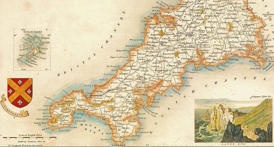 Old looking map of Cornwall