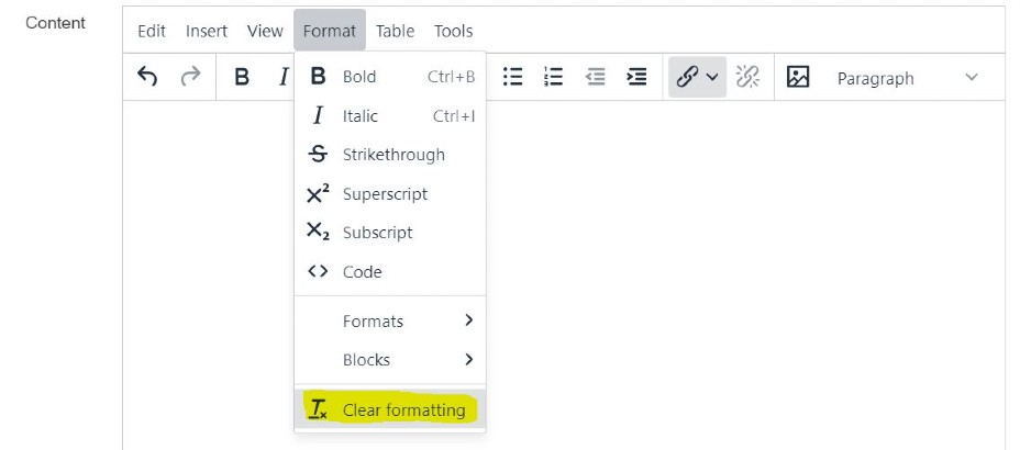 Screen grab of the clear formatting function in T4, the University content management system