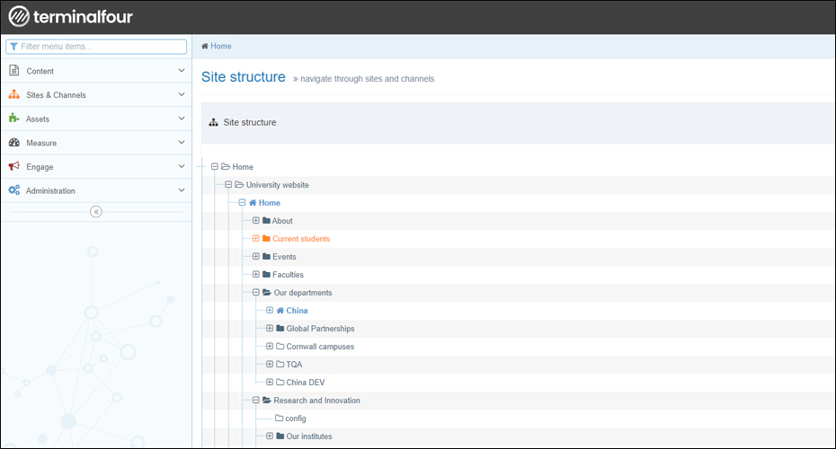 Screen grab of the site structure of the University's CMS, T4.