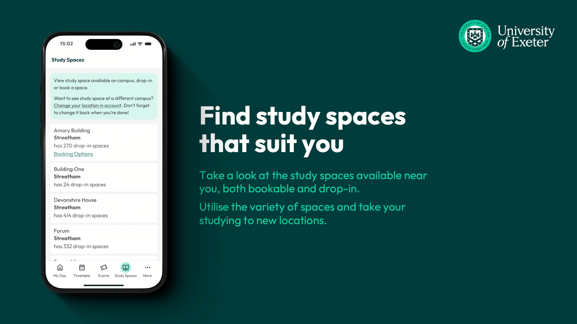 The MyExeter App study spaces feature with description