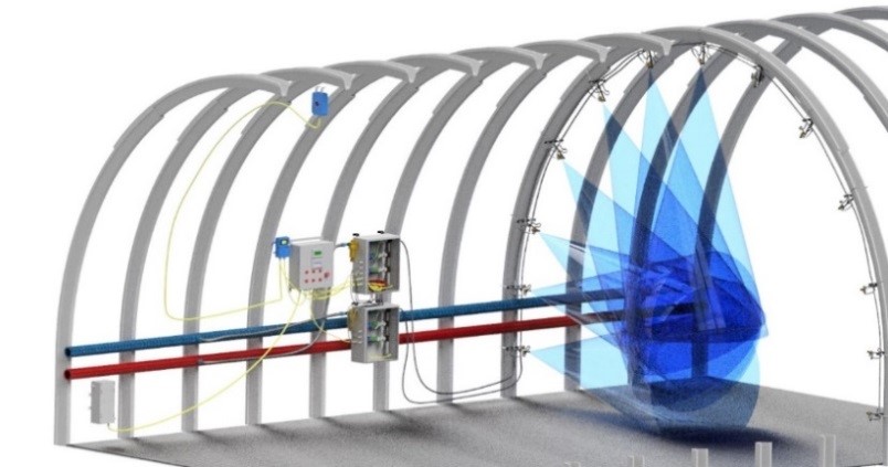 Illustration of the SSD-1 underground mine spraying installation for dust control.