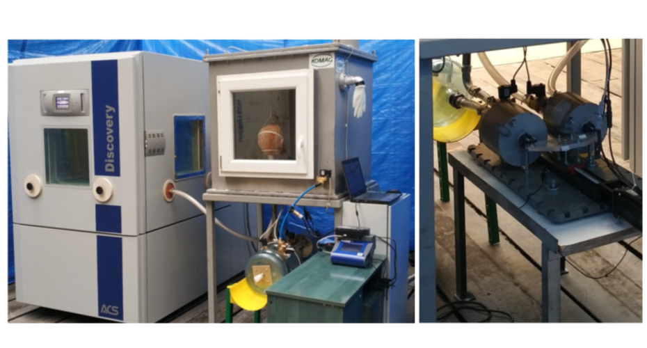 Test stand for assessing the performance of dust masks and filters. Note the test dummy head which is wearing a mask in the experimental chamber. The artificial lungs are shown on the right.