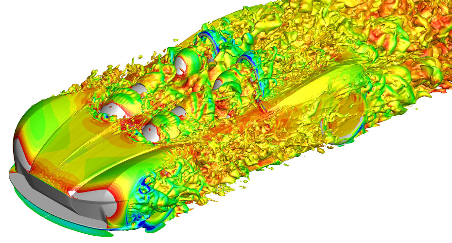 Snapshot of an unsteady 5th order simulation of an Elemental RP1 track car using Nektar++ at Re=1m.