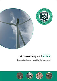 Front cover of SWEEG Annual Report from 2022 showing a wind turbine against a blue cloudy sky.