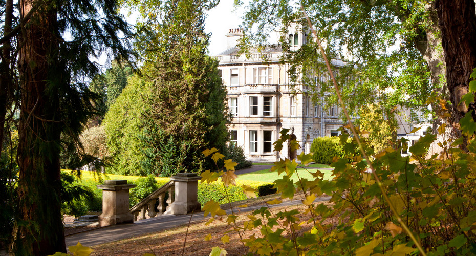 Reed Hall framed with green tree leaves