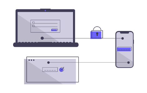 An illustration of a computer and web page connected by a mobile phone