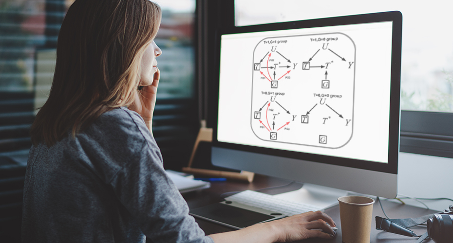 female analysing data image